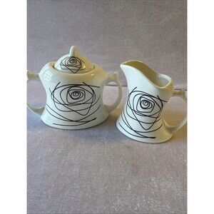 Black White Creamer Sugar Bowl Leaf Pattern Handle Art Deco Abstract Flower Rose